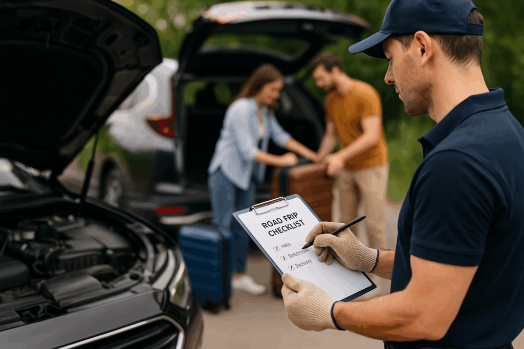 A mobile mechanic holds a clipboard with a visible "Road Trip Checklist" while inspecting a car’s engine, as a couple in the background loads luggage into an SUV, preparing for a road trip on a quiet suburban street with greenery around.