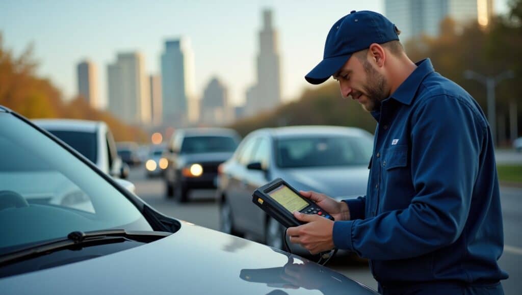 A certified mobile mechanic working on a car by the side of a busy Atlanta road, with downtown skyline in the background. The mechanic is wearing a uniform, using diagnostic tools with a sense of urgency and professionalism