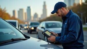A certified mobile mechanic working on a car by the side of a busy Atlanta road, with downtown skyline in the background. The mechanic is wearing a uniform, using diagnostic tools with a sense of urgency and professionalism